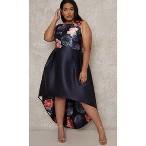 CHI CHI LONDON Shana Sleeveless Navy Floral Dip Hem Formal Dress 22 Gown Midi